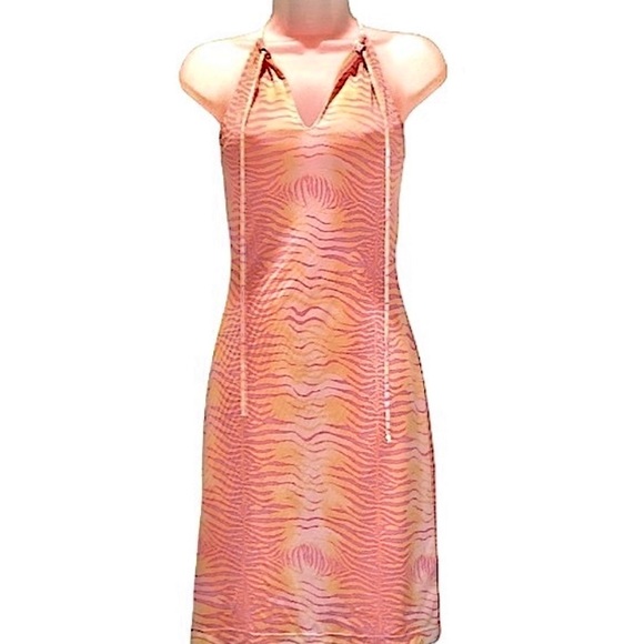 Y2K GUESS Animal Print Split Neck Mini Dress Sunset Orange Pink S Cocktail Party - Picture 2 of 16